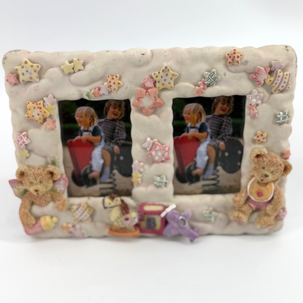 Vintage Nursery Teddy Bear Double Photo Frame Resin 3D Stars Toys 2.5x3.5 Cream